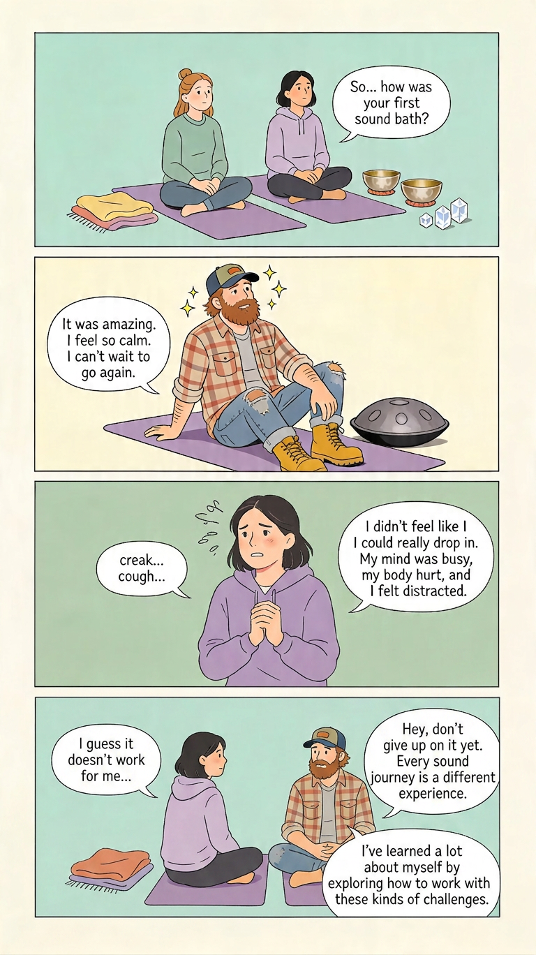 Comic: two friends compare very different first sound bath experiences