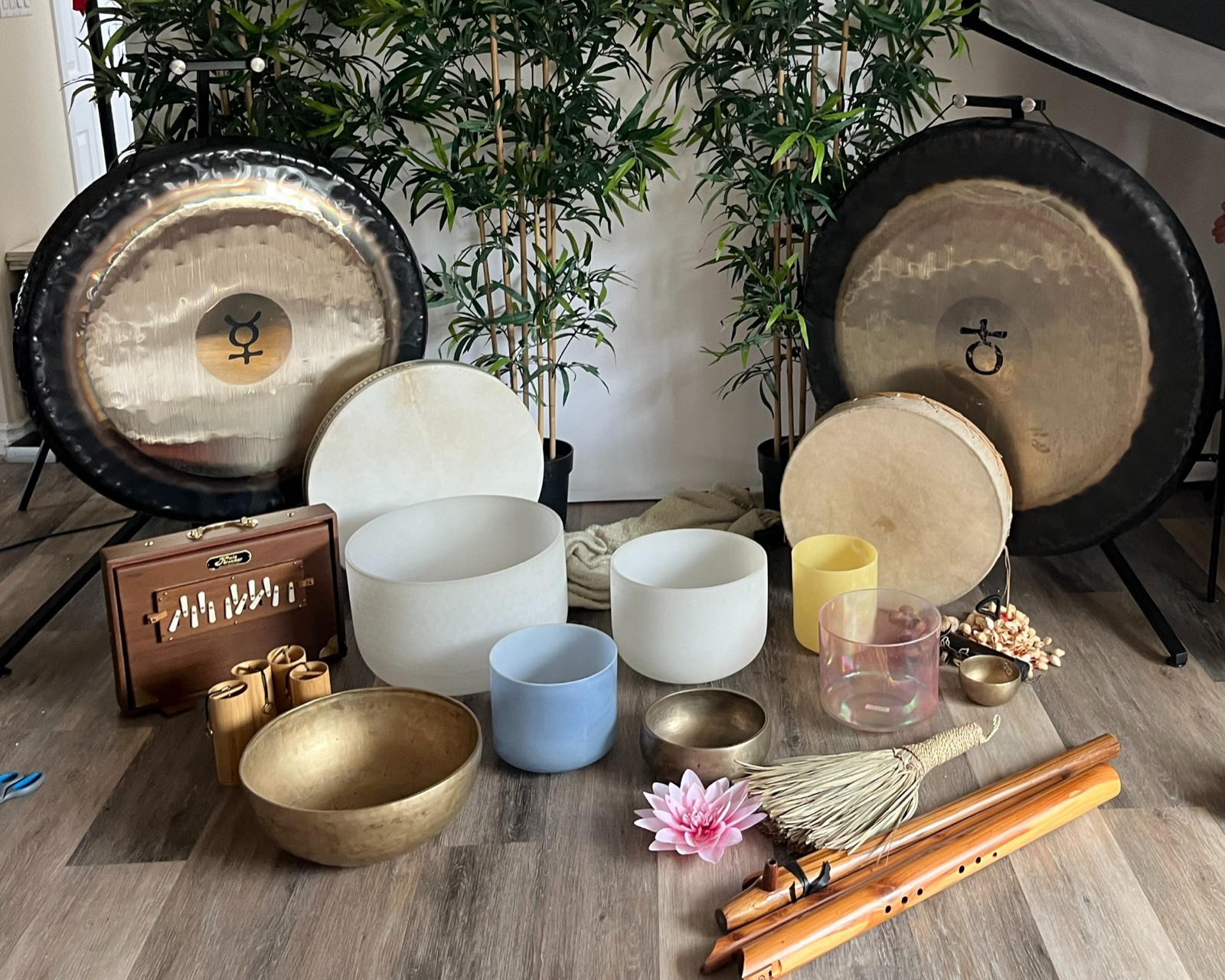 Gongs, crystal and Tibetan bowls, drums, flutes and chimes ready for a training session