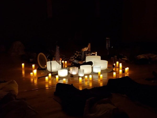 Back 2 Basics community sound bath at Roots on Whyte, Edmonton — singing bowls, accessible group sound healing, Earth Harmony Sound and Wellness