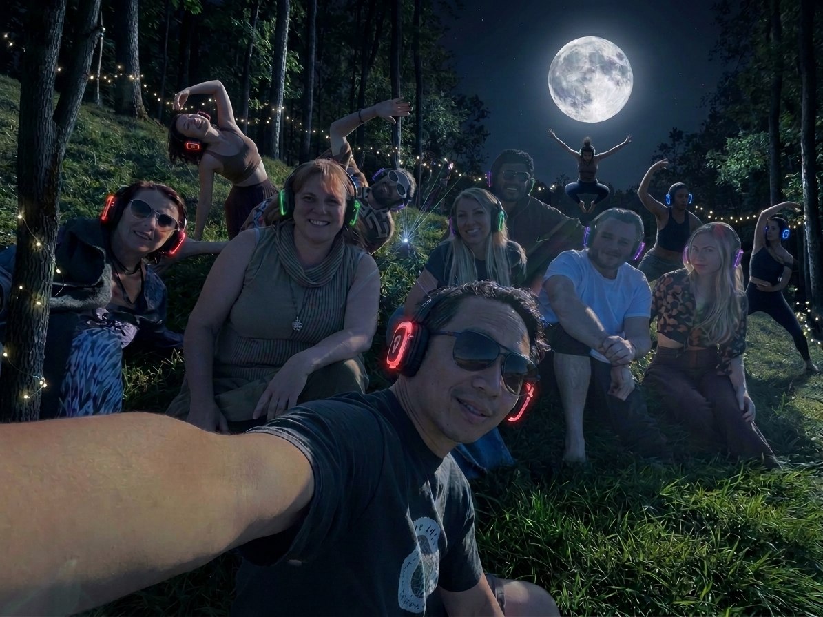Full Moon Forest - Music Movement Medicine: silent disco forest dance under the Harvest Moon near Edmonton, wireless headphones, live sound bath transmission